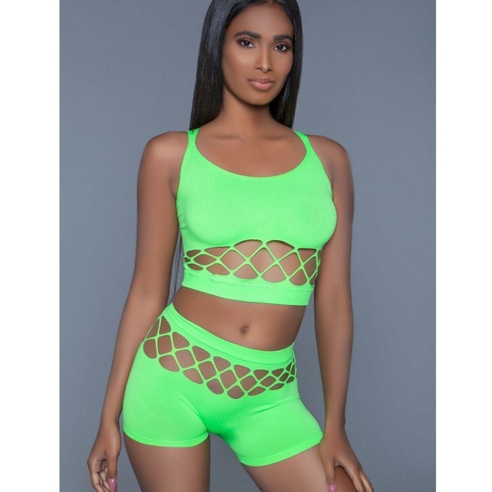 LIME GREEN FISHNET DETAIL CROP TANK TOP & HIGH WAIST BOOTY BIKE SHORTS SET
